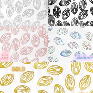 May include: A set of 100 decorative, glitter-covered, cutout shapes in the form of a female reproductive organ. The shapes are available in silver, black, rose gold, holographic, and gold.