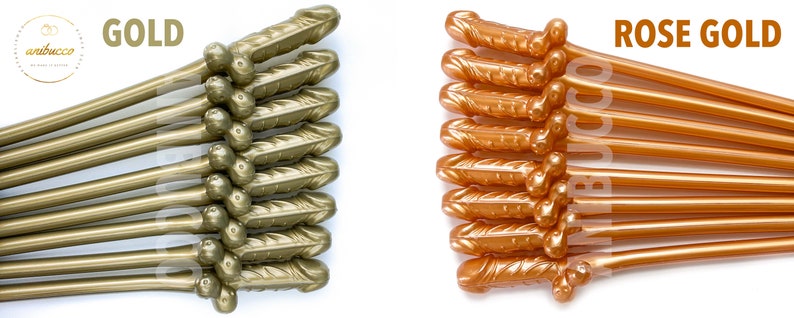 May include: A set of 10 gold and rose gold plastic straws with a phallic design. The straws are arranged in two rows, with the gold straws on the left and the rose gold straws on the right. The text "GOLD" and "ROSE GOLD" is printed above each row of straws.