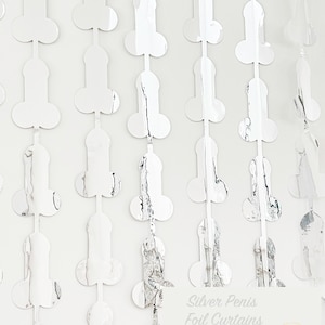 May include: Silver foil curtains shaped like penises. The curtains are 3 feet by 7 feet and come in a pack of 2. The text on the image reads "Silver Penis Foil Curtains *2 pack* 3FT x 7FT".