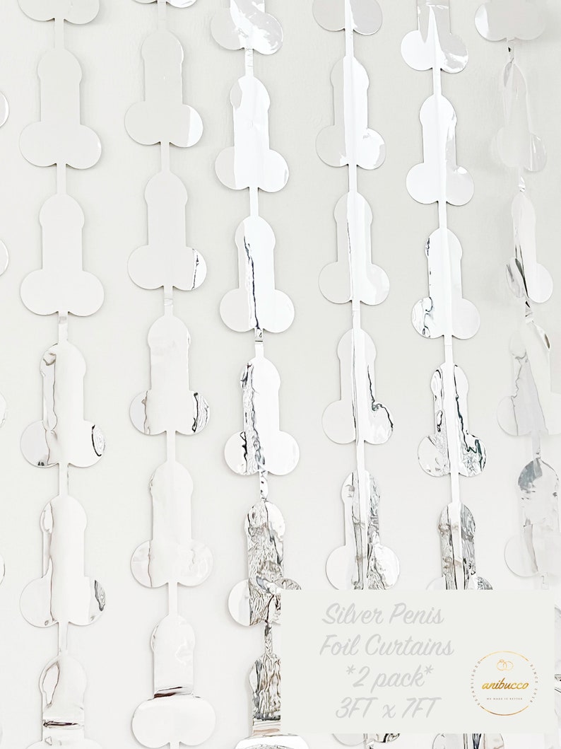 May include: Silver foil curtains shaped like penises. The curtains are 3 feet by 7 feet and come in a pack of 2. The text on the image reads "Silver Penis Foil Curtains *2 pack* 3FT x 7FT".