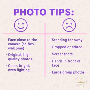 Puede incluir: Gr&aacute;fico p&uacute;rpura con el texto "PHOTO TIPS:". La imagen se divide en dos secciones, una con una cara sonriente y otra con una cara triste. El lado izquierdo enumera consejos positivos, el lado derecho consejos negativos.
