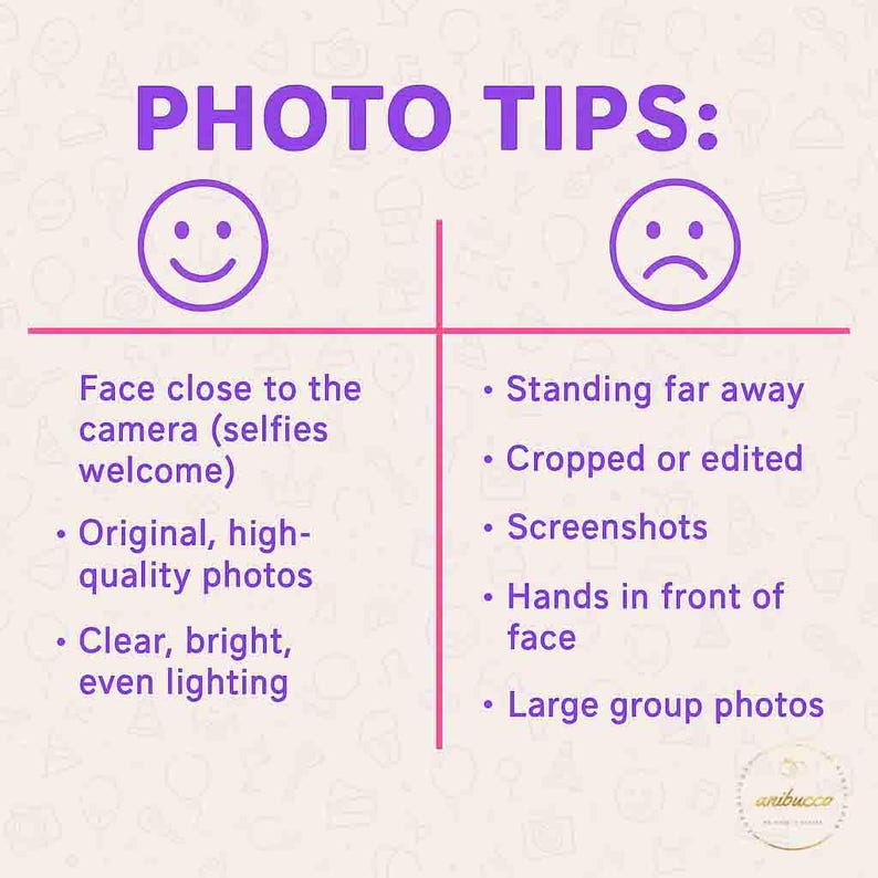 Puede incluir: Gr&aacute;fico p&uacute;rpura con el texto "PHOTO TIPS:". La imagen se divide en dos secciones, una con una cara sonriente y otra con una cara triste. El lado izquierdo enumera consejos positivos, el lado derecho consejos negativos.
