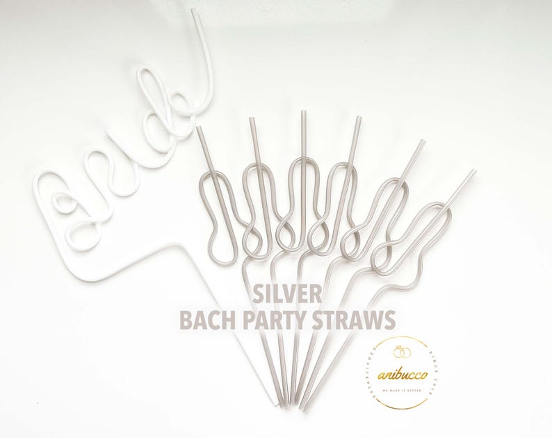 May include: An overhead shot shows a collection of silver and white party straws. The word "bride" is spelled out in white wire. The text "SILVER BACH PARTY STRAWS" is printed in silver. A gold logo is in the bottom right corner.