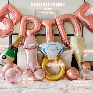 Rose Gold BRIDE Balloons,Bachelorette Party, Bride to Be, Pearls and Prosecco, Glitz & Glam, Bridal Shower Decor, Wedding Party Balloons XLBrde+GoldKit+Penis