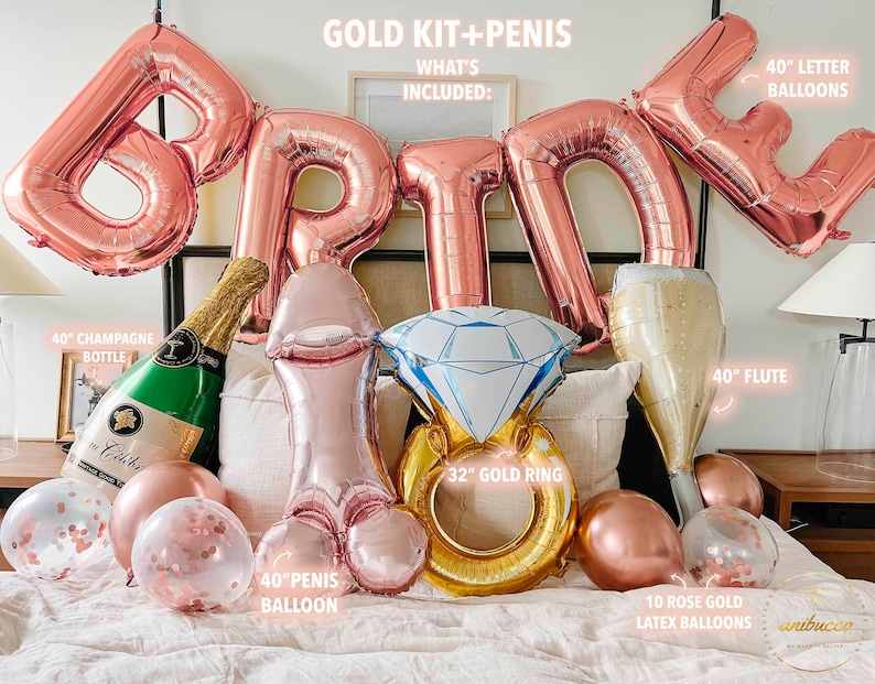 Rose Gold BRIDE Balloons,Bachelorette Party, Bride to Be, Pearls and Prosecco, Glitz & Glam, Bridal Shower Decor, Wedding Party Balloons XLBrde+GoldKit+Penis