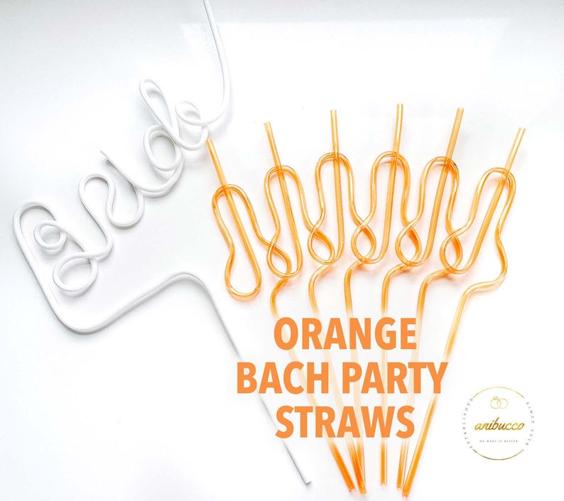 May include: White plastic "bride" straw and orange party straws. The text "ORANGE BACH PARTY STRAWS" is printed in orange. The straws are arranged on a white surface.
