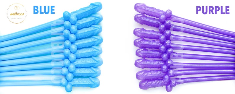 May include: A set of 12 blue and purple plastic straws with a decorative arrowhead design. The straws are arranged in two rows, with the blue straws on the left and the purple straws on the right. The text "BLUE" and "PURPLE" is printed above each row of straws.