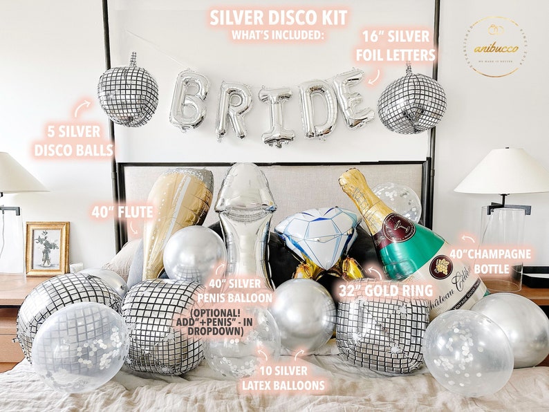 May include: Silver disco party decorations kit with 16 inch foil letters spelling "BRIDE", 5 silver disco balls, 10 silver latex balloons, a 40 inch champagne bottle, a 40 inch flute, a 32 inch gold ring, a 40 inch silver penis balloon, and a diamond shaped balloon.