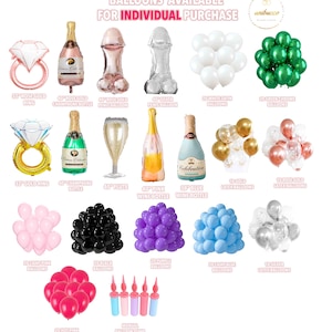 May include: A variety of balloons for individual purchase, including rose gold rings, champagne bottles, penis balloons, and various colors of latex balloons. The image also features a manual balloon pump.