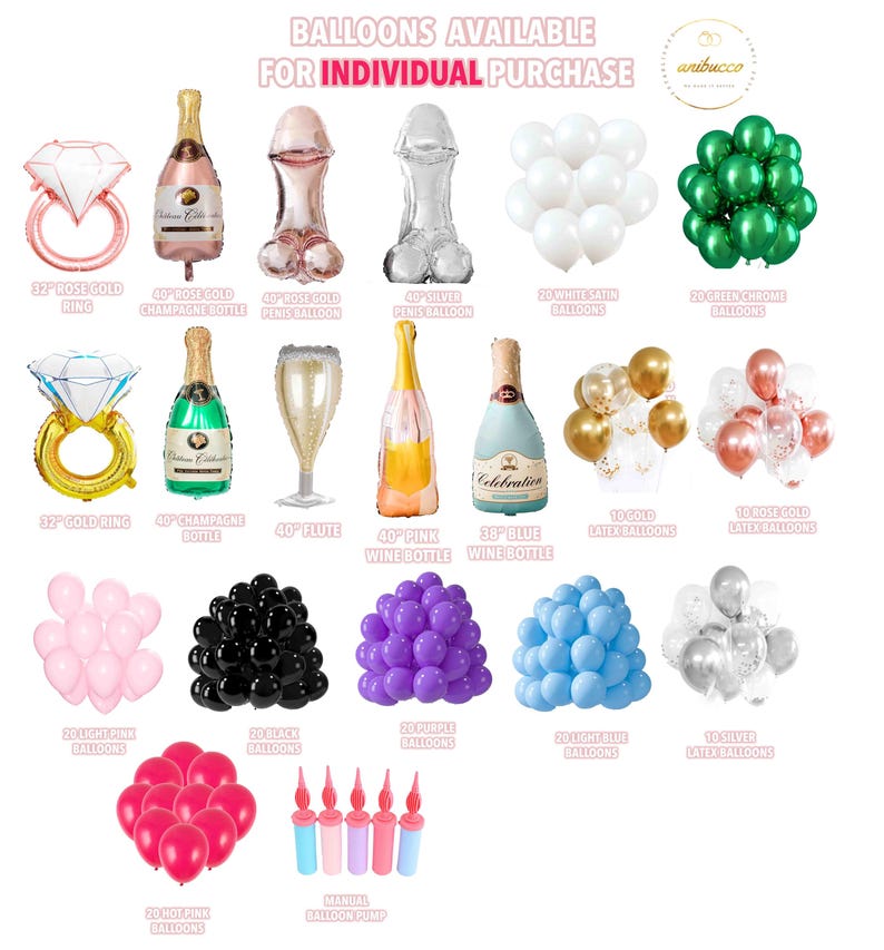 May include: A variety of balloons for individual purchase, including rose gold rings, champagne bottles, penis balloons, and various colors of latex balloons. The image also features a manual balloon pump.