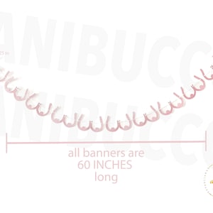 May include: Pink paper banner with a repeating pattern of a breast shape. The banner is 60 inches long and each breast shape is 3.25 inches wide and 5 inches tall. The text "all banners are 60 INCHES long" is printed below the banner.
