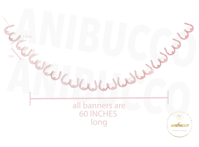 May include: Pink paper banner with a repeating pattern of a breast shape. The banner is 60 inches long and each breast shape is 3.25 inches wide and 5 inches tall. The text "all banners are 60 INCHES long" is printed below the banner.