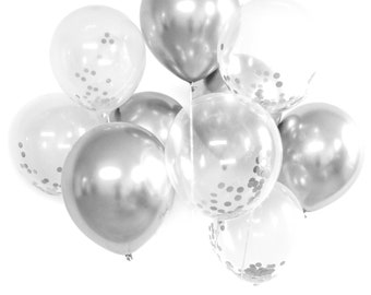 10 Silver 12 Inch Metallic Chrome and Clear Confetti Balloon Set Wedding Bachelorette Party Baby Shower Bach Balloon Bouquet Garland Arch
