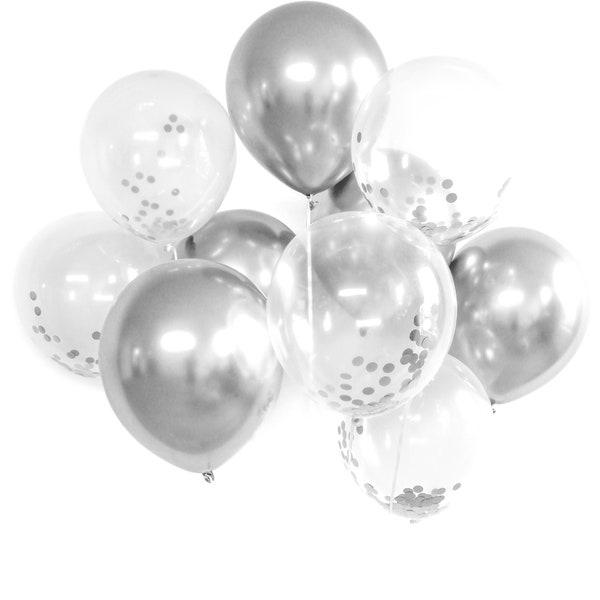 10 Silver 12 Inch Metallic Chrome and Clear Confetti Balloon Set Wedding Bachelorette Party Baby Shower Bach Balloon Bouquet Garland Arch