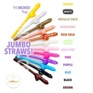 May include: A set of 11 jumbo straws in various colors, including yellow, white, metallic gold, beige, rose gold, glow, light pink, pink, purple, blue, black, and brown. The straws are 11 inches long and have a unique design.