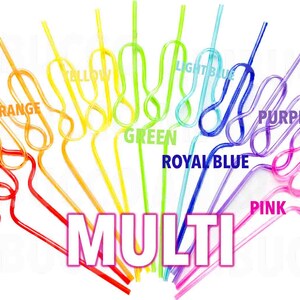 Rainbow colored swirly straws are arranged on a white background