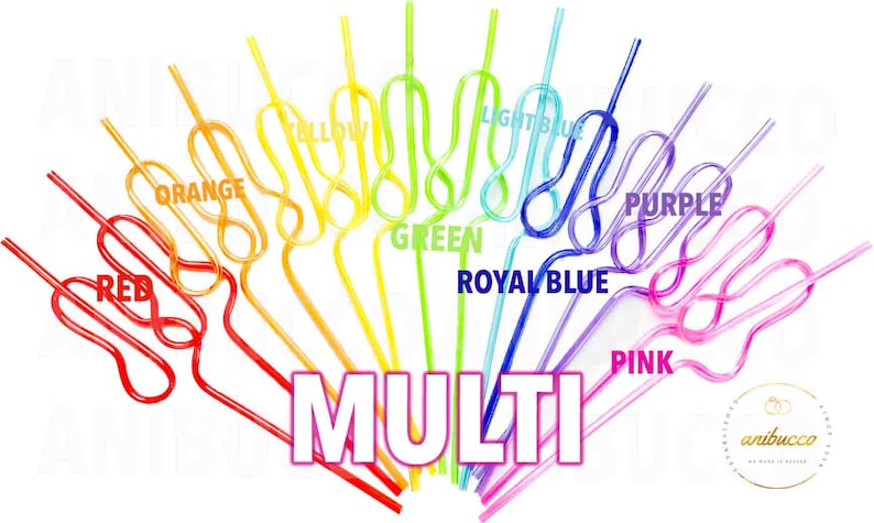 Rainbow colored swirly straws are arranged on a white background