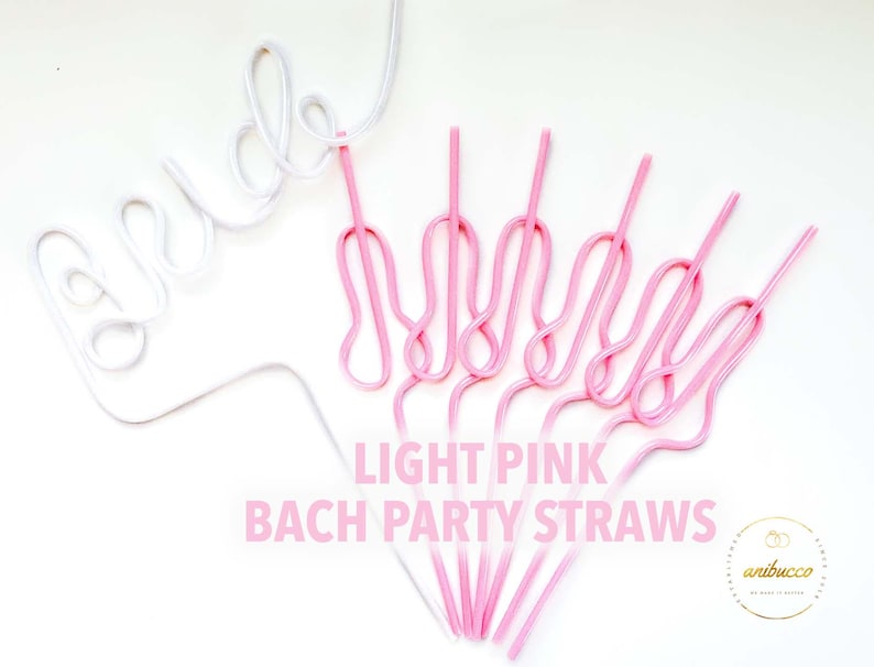 May include: Light pink and white straws for a bachelorette party. The word "bride" is written in white, curly script. The text "LIGHT PINK BACH PARTY STRAWS" is in pink. The straws are on a white background.
