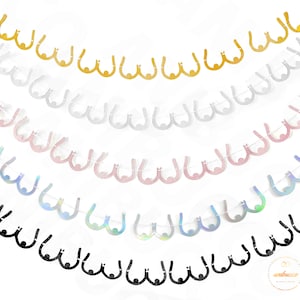May include: A garland of six rows of glitter paper cutouts in the shape of breasts. The garland is made of gold, silver, pink, iridescent, and black glitter paper.