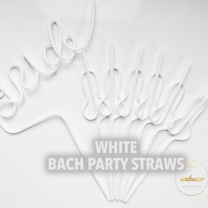 May include: White plastic straws for a bachelorette party. One straw spells out "bride" in cursive, while the others have a looped design. The text "WHITE BACH PARTY STRAWS" is printed on the image.