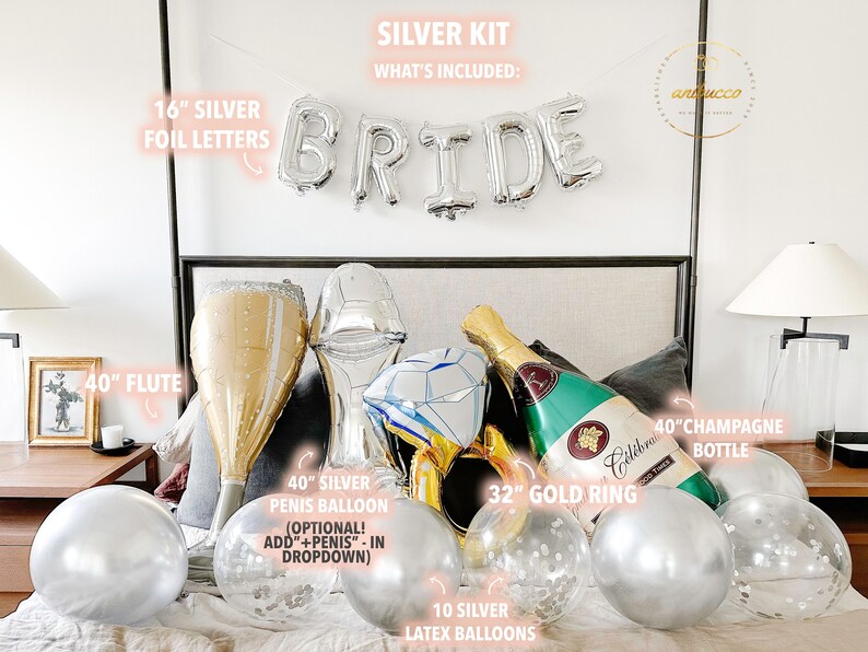 May include: A silver bridal shower party decoration kit with a 40-inch champagne bottle balloon, a 40-inch flute balloon, a 40-inch silver penis balloon, a 32-inch gold ring balloon, a diamond-shaped balloon, 10 silver latex balloons, and a 16-inch silver foil letter banner that reads "BRIDE".