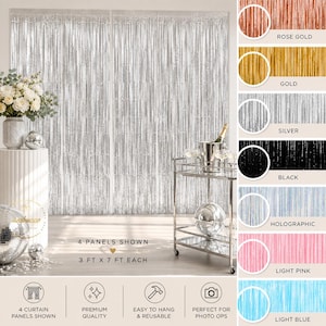 May include: A set of four silver metallic fringe curtains, each measuring 3 feet by 7 feet. The display includes a color palette showing rose gold, gold, silver, black, holographic, light pink, and light blue options for the curtains.