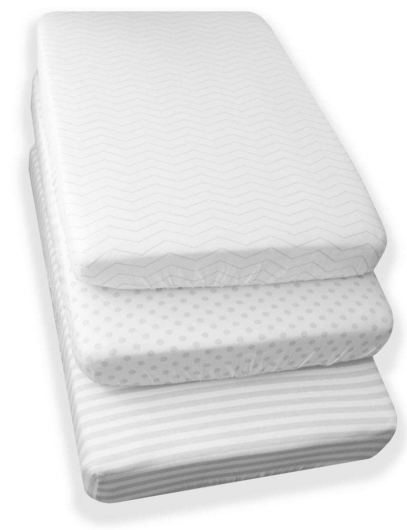 Mini Crib SheetsPack n Play Set 3 Pack 100/% Jersey Gray Cotton Baby GirlBoy Grey Chevron Polka Dot Stripe 160 GSM Shower Gift NODNAL CO
