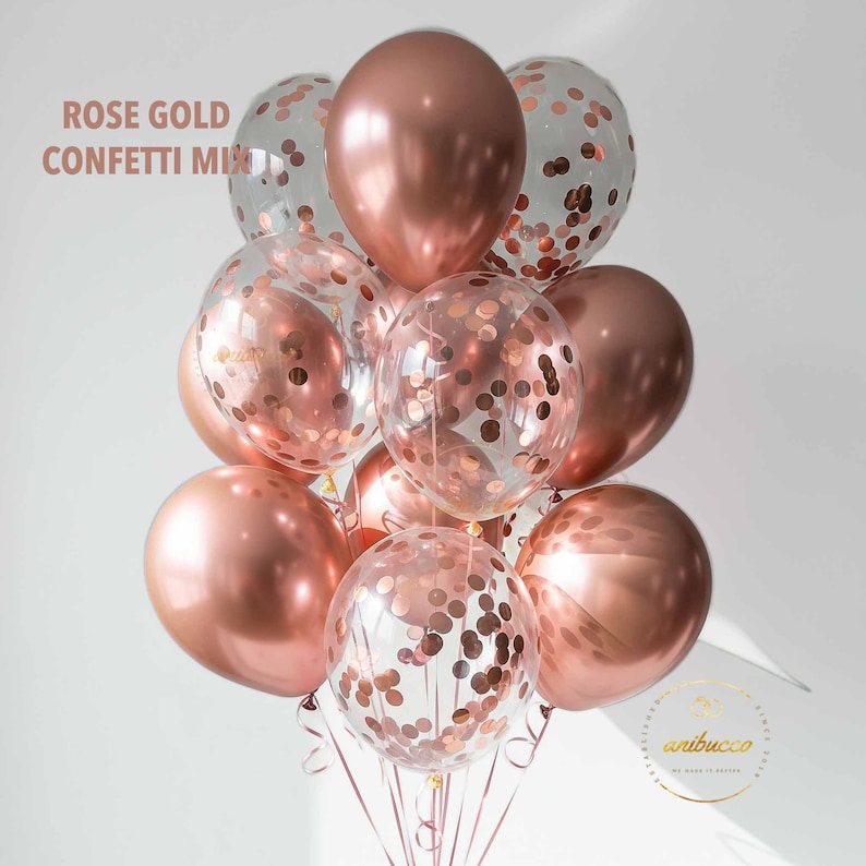 Gold Chrome Balloons, Confetti & Metallic Balloons for Bachelorette, Wedding, Baby Shower, Birthday, Arch Garland Decor, Party Supplies RoseGold ConfettiMix
