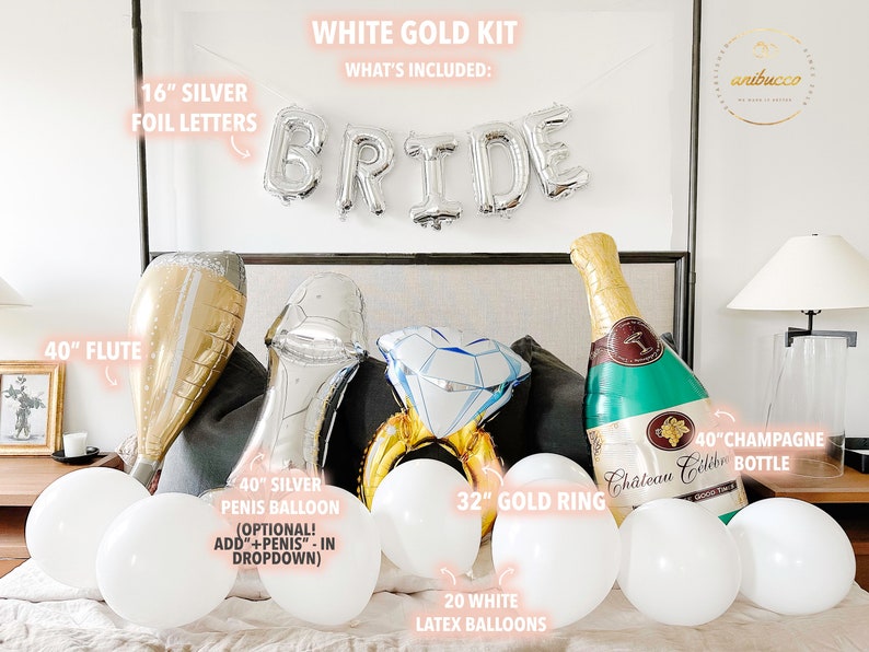 May include: White gold bridal party balloon kit with 16 inch silver foil letters spelling "BRIDE", a 40 inch champagne bottle balloon, a 40 inch flute balloon, a 40 inch silver penis balloon, a 32 inch gold ring balloon, and 20 white latex balloons.