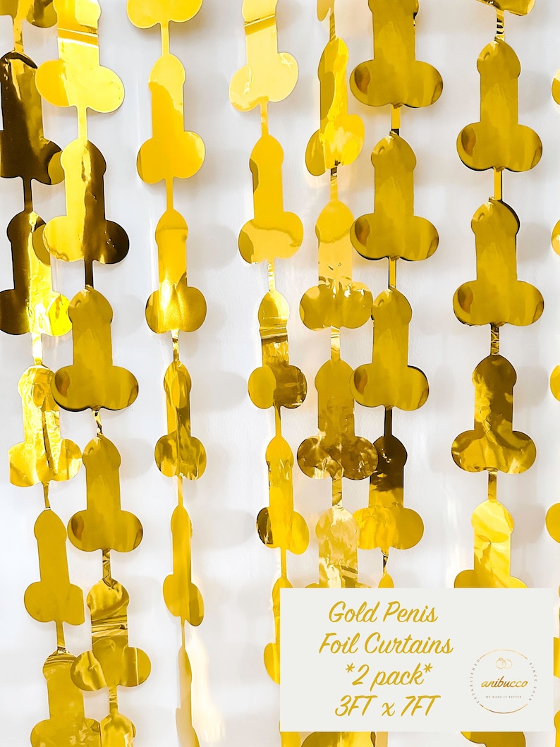 May include: Gold foil curtains shaped like penises. The curtains are 3 feet by 7 feet and come in a pack of two. The text on the image reads "Gold Penis Foil Curtains *2 pack* 3FT x 7FT".