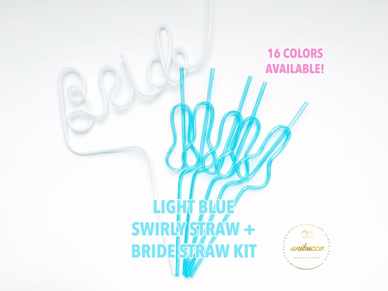 May include: A light blue swirly straw and a white "bride" straw kit. The image includes the text "LIGHT BLUE SWIRLY STRAW + BRIDE STRAW KIT" and "16 COLORS AVAILABLE!" on a white background. The kit is for a wedding or bridal shower.
