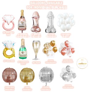 May include: Assortment of rose gold, gold, and silver balloons in various shapes, including rings, champagne bottles, flutes, and disco balls.  There are also latex balloons in gold, rose gold, and silver.  The text "BALLOONS AVAILABLE FOR INDIVIDUAL PURCHASE" is at the top of the image.