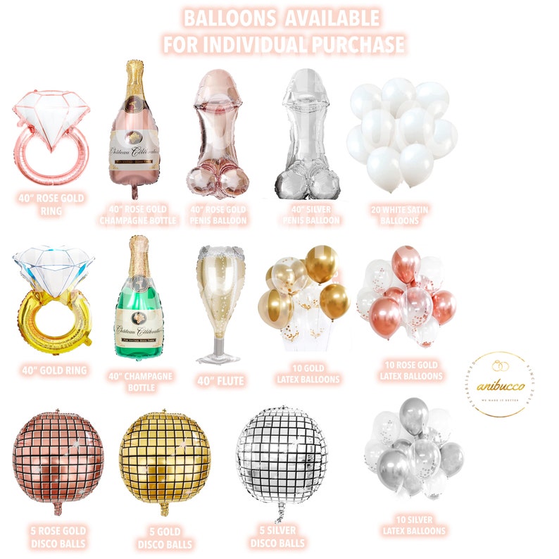 May include: Assortment of rose gold, gold, and silver balloons in various shapes, including rings, champagne bottles, flutes, and disco balls.  There are also latex balloons in gold, rose gold, and silver.  The text "BALLOONS AVAILABLE FOR INDIVIDUAL PURCHASE" is at the top of the image.
