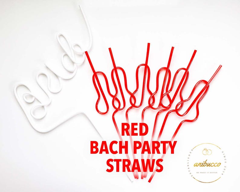 May include: White and red plastic straws for a bachelorette party. The word "Bride" is written in white cursive. The text "RED BACH PARTY STRAWS" is in red block letters. The straws are red and have a unique looped design.