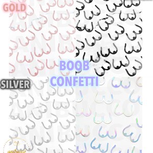 Peut inclure: Assortiment de "Confettis BooB" en quatre couleurs&nbsp;: or rose, noir, argent et holographique. Chaque couleur est pr&eacute;sent&eacute;e dans un carr&eacute; s&eacute;par&eacute;.