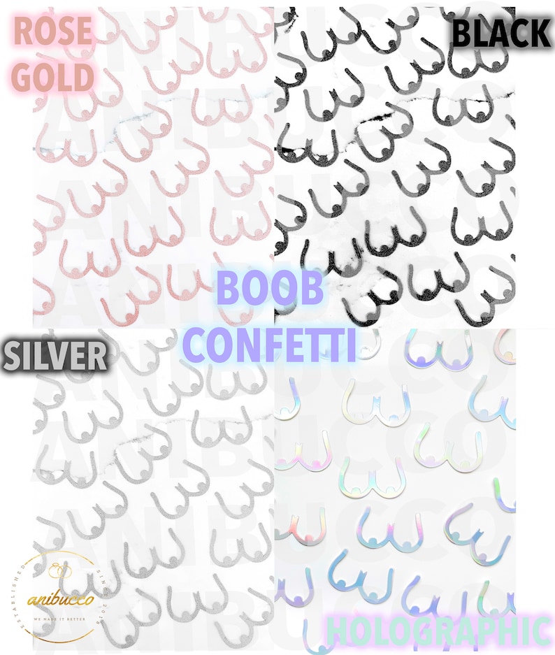Peut inclure: Assortiment de "Confettis BooB" en quatre couleurs&nbsp;: or rose, noir, argent et holographique. Chaque couleur est pr&eacute;sent&eacute;e dans un carr&eacute; s&eacute;par&eacute;.