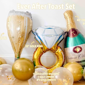 May include: An "Ever After Toast Set" with a 40-inch champagne flute, a 32-inch gold ring, and a 40-inch champagne bottle balloon. Includes gold latex balloons, gold chrome balloons, and gold confetti balloons.