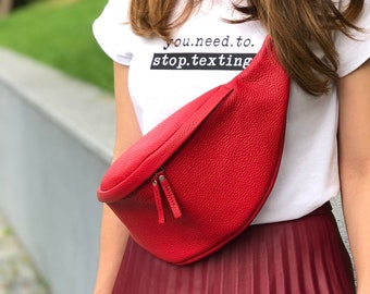 Red leather bum bag for women. Handmade leather fanny pack