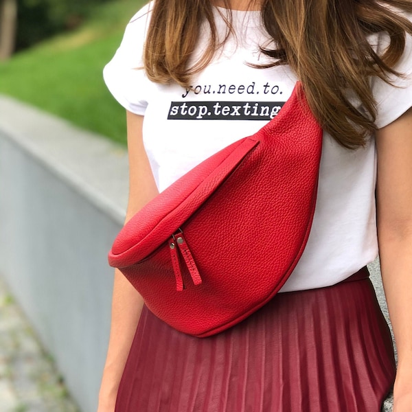 Red leather bum bag for women. Handmade leather fanny pack