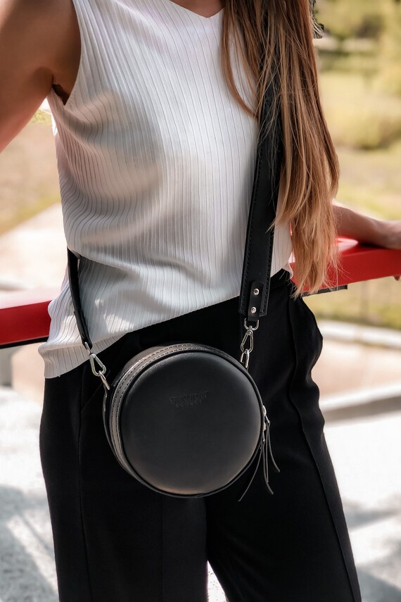 Small Circle Crossbody Bag for Women Black Round Bag 