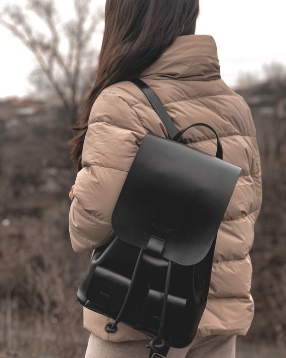 Black Leather Backpack for Women Etsy