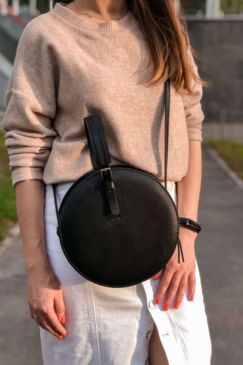 Structured Circle Crossbody Bag. Black Leather Round Bag Etsy
