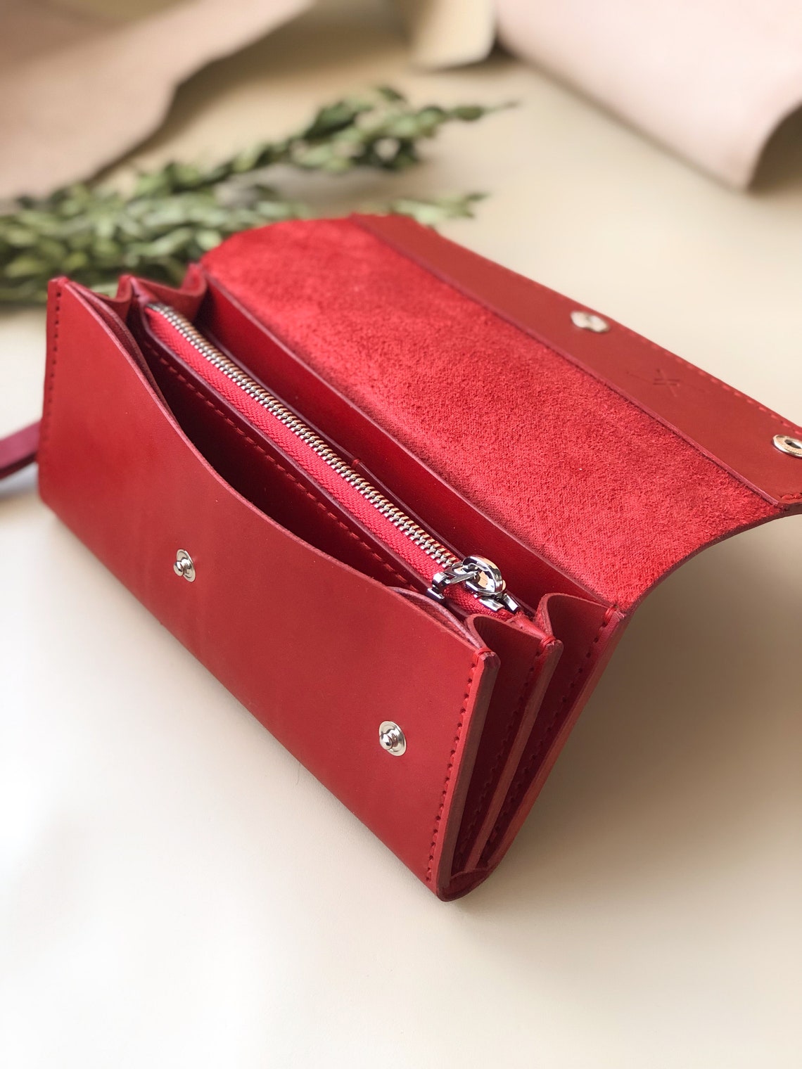 Red leather women wristlet wallet Etsy