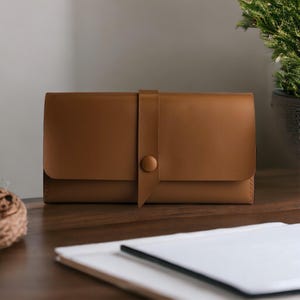 Carteira de couro caramelo feminina, presente de aniversário personalizado, presente de aniversário exclusivo para mães, carteira com envelope para dinheiro