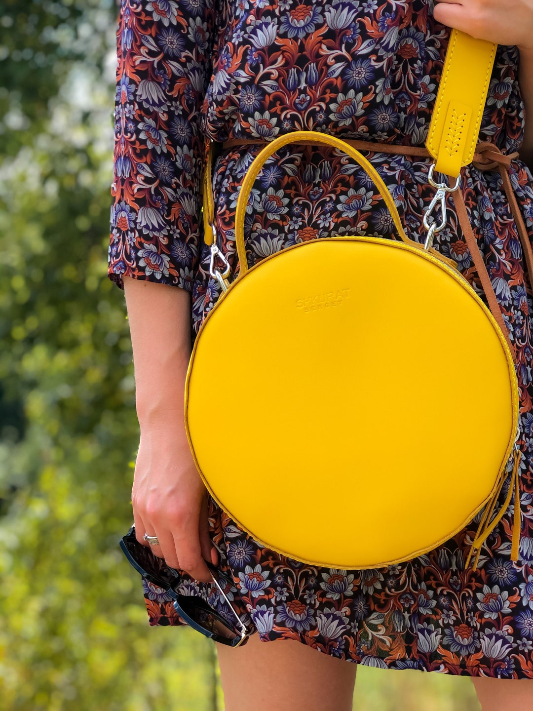 Yellow Round Boho Bag Small Crossbody Circle Bag. Soft Leather 