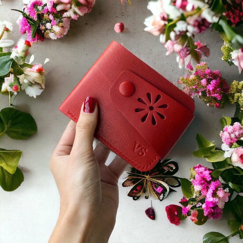 Personalized wallet women Red leather wallet Small custom image 1