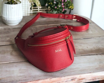 Red fanny pack for woman Personalized gift for her Leather bum bag