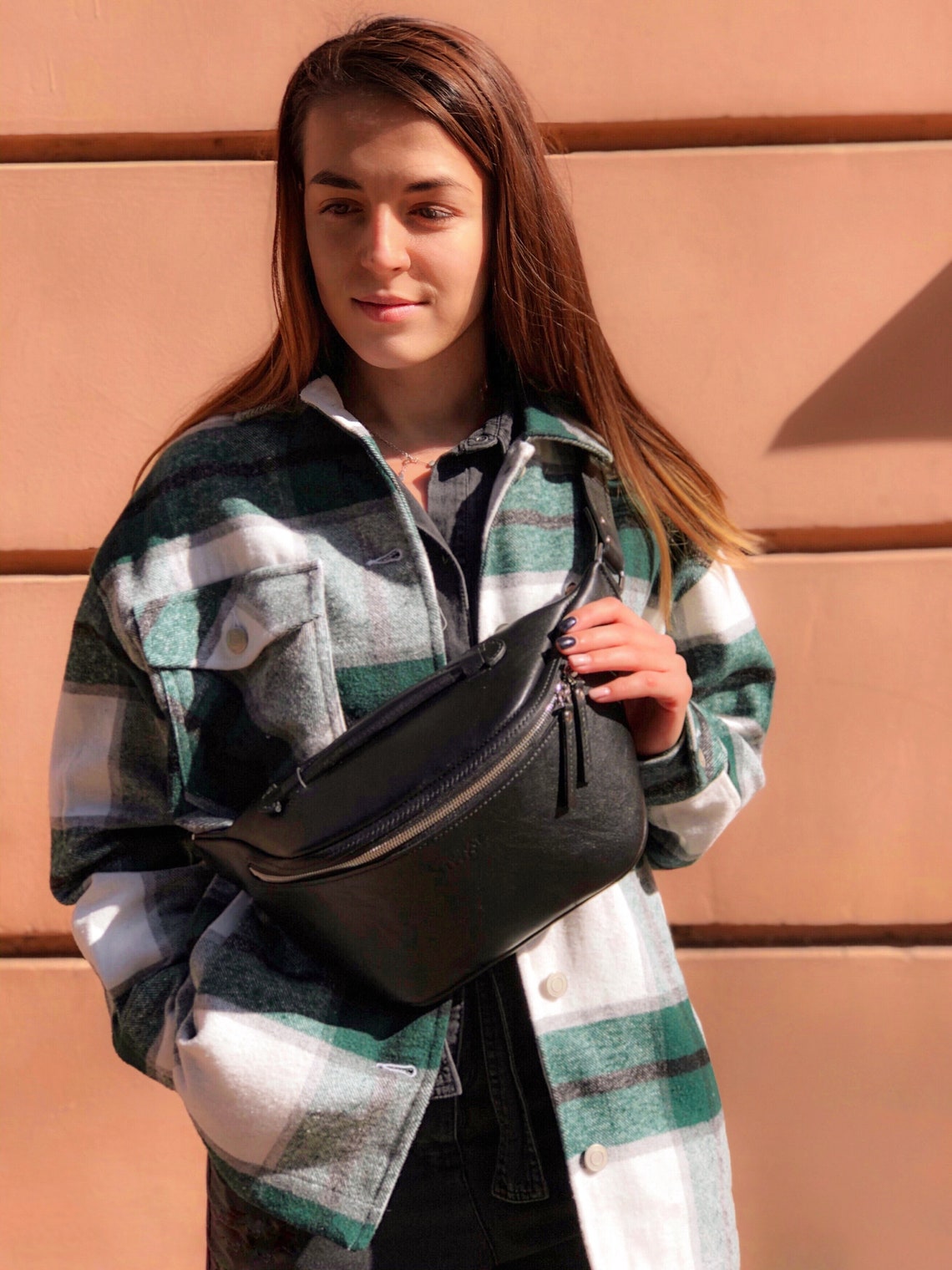 Black crossbody fanny pack. Large leather fanny pack Etsy