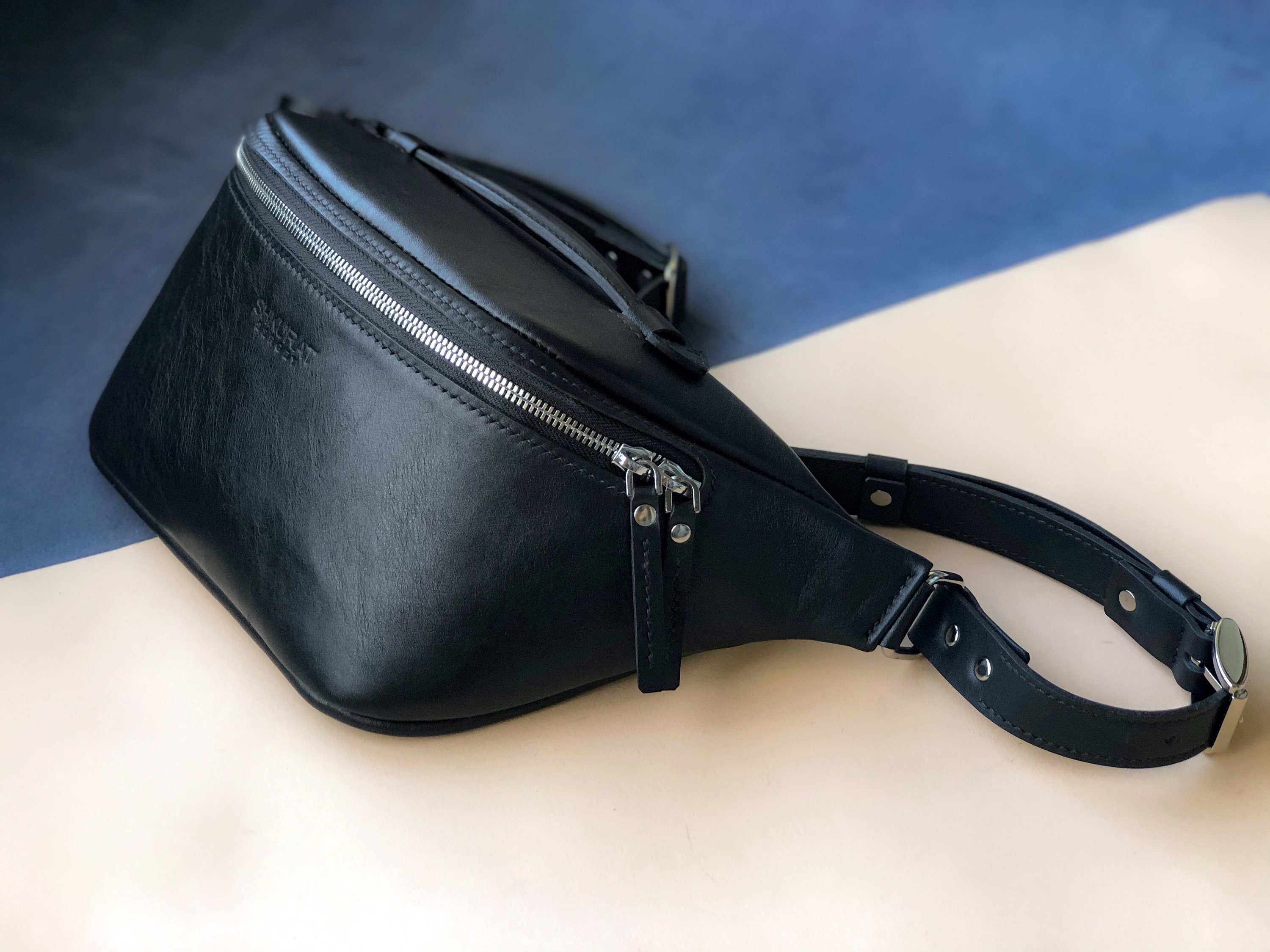 Black crossbody fanny pack. Large leather fanny pack Etsy