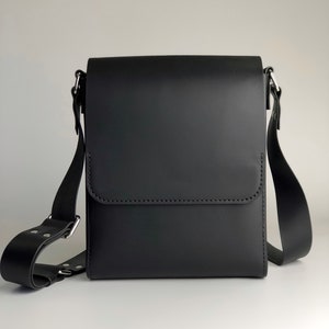 Mens mini personalized messenger bag. Black leather shoulder bag
